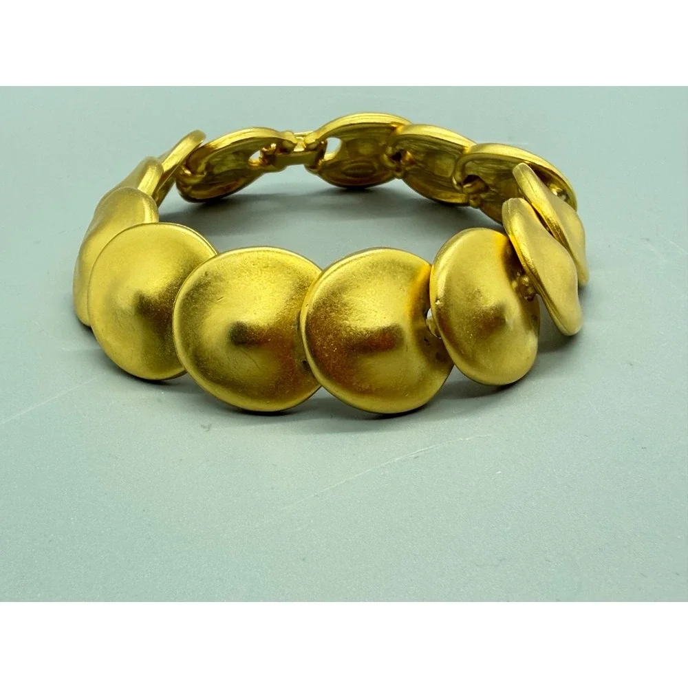 Vintage Craft ROund Disk Link Bracelet Matt Brushed Gold Tone Domed Art Deco